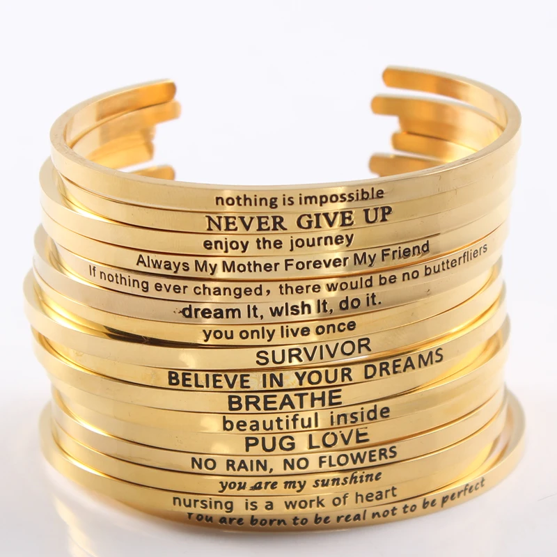 2021 Hot Gold Color Stainless Steel Bar Bangle Engraved Positive Inspirational Quote Hand Imprint Cuff Mantra Bracelet for Women | Украшения