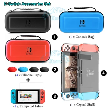 

Nintend Switch Console Storage Bag/Screen Glass Film/Protect Hard Case Shell/Silicone Caps Set for Nintendo Switch Accessories