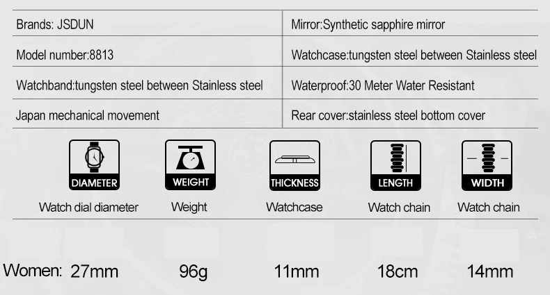 JSDUN часы от производителя оптом роскошные простые вольфрамовые стальные водонепроницаемые женские автоматические механические часы Relogio Feminino