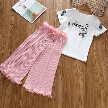 

3 4 5 6 7 8 9 10 Year Toddler Teens Girls Summer Clothes Flower White T-shirt Wide Leg Pant Children Clothing Set Kids Costume