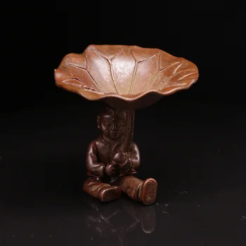 

Pure Copper Solid Tea Pet Boy Holding Lotus Leaf Back Incense Burner Tea Table Home Office Desk Decorative Ornament Frog Crafts