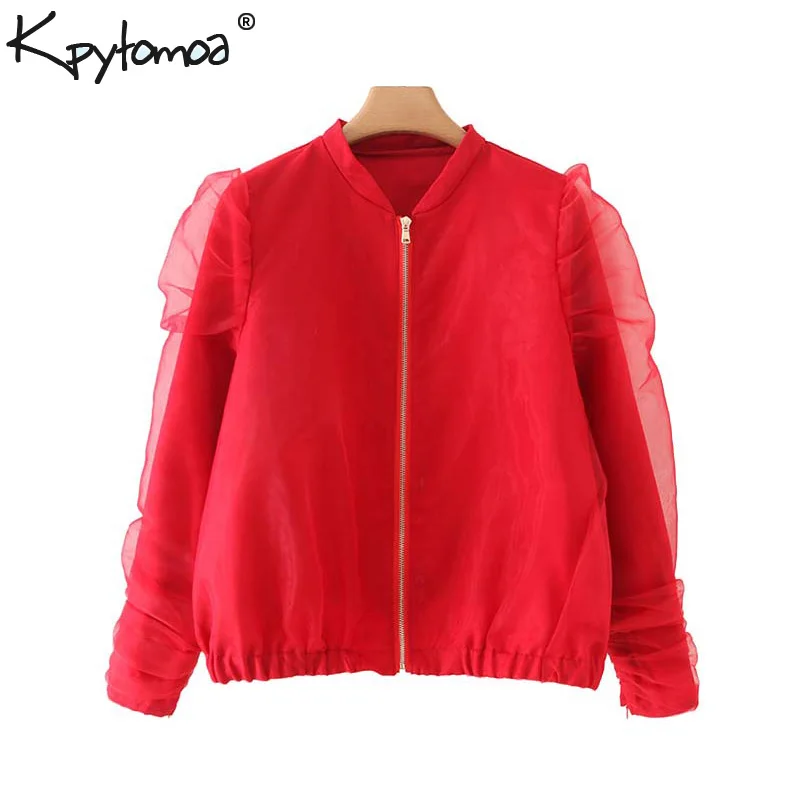 Best  Vintage Stylish Organza Patchwork Bomber Jacket Coat Women 2020 Fashion Stand Collar Long Sleeve El