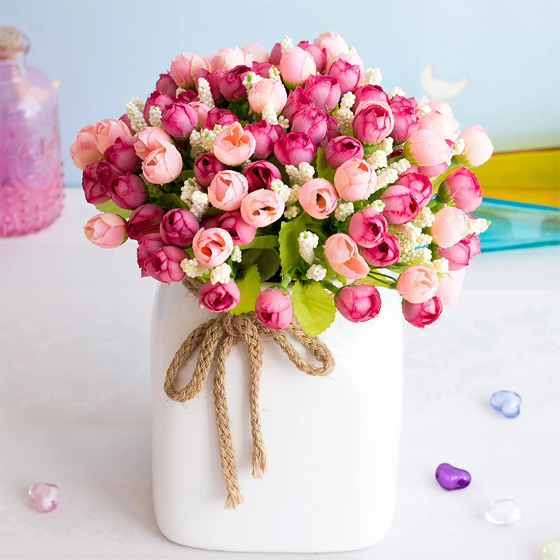

15 Heads Silk Flower Rosebud Pearl Bract Artificial Flowers for Birthday Home Wedding Decoration Improve Fake Flowers Bouquet
