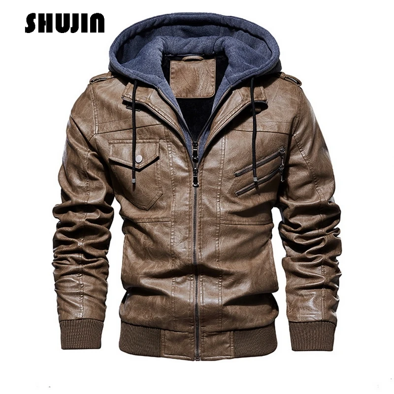 SHUJIN, мужская куртка с капюшоном, осенняя и зимняя теплая Повседневная кожаная куртка, пальто из искусственной кожи, тонкая мужская куртка на молнии с капюшоном