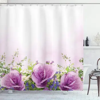 

Flower Shower Curtain, Spring Cabbage Flowers in Fragrant Bouquet with Partially Shaded Color Romance, Cloth Fabric Bathroom