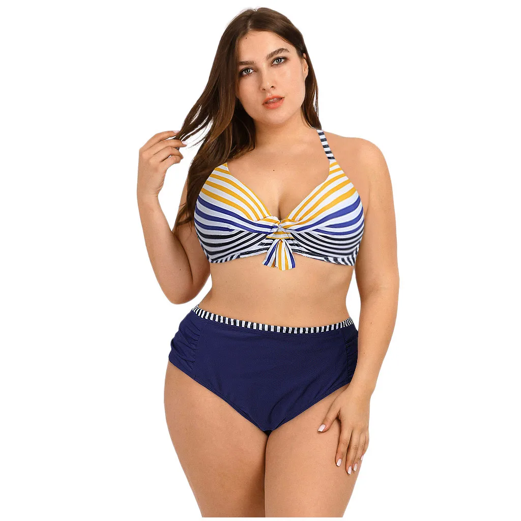 AUSTNBEM комплект бикини размера плюс женский полосатый купальник с бантиком