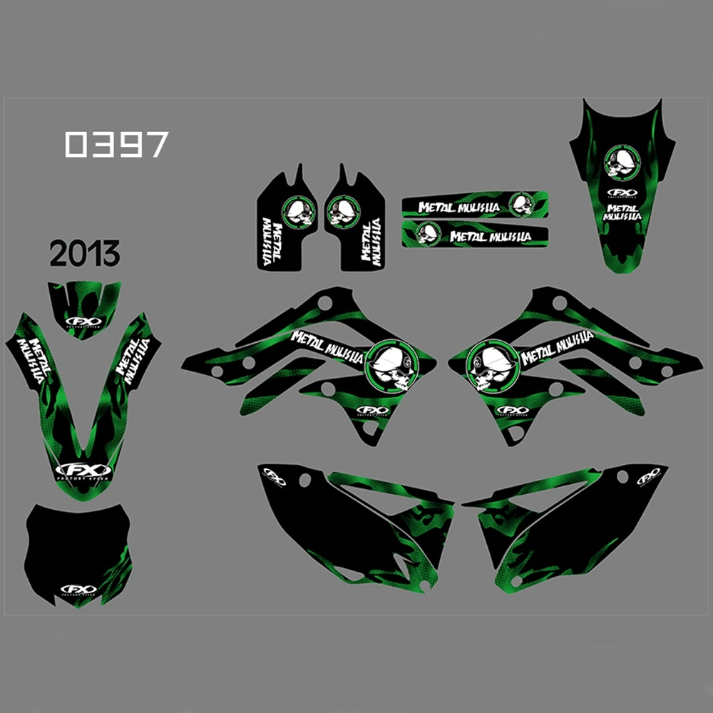 Для KAWASAKI KXF450 2013 Графика наклейки на заказ Номер Наименование лента 3M Полный мотоцикл Фоновые наклейки аксессуары
