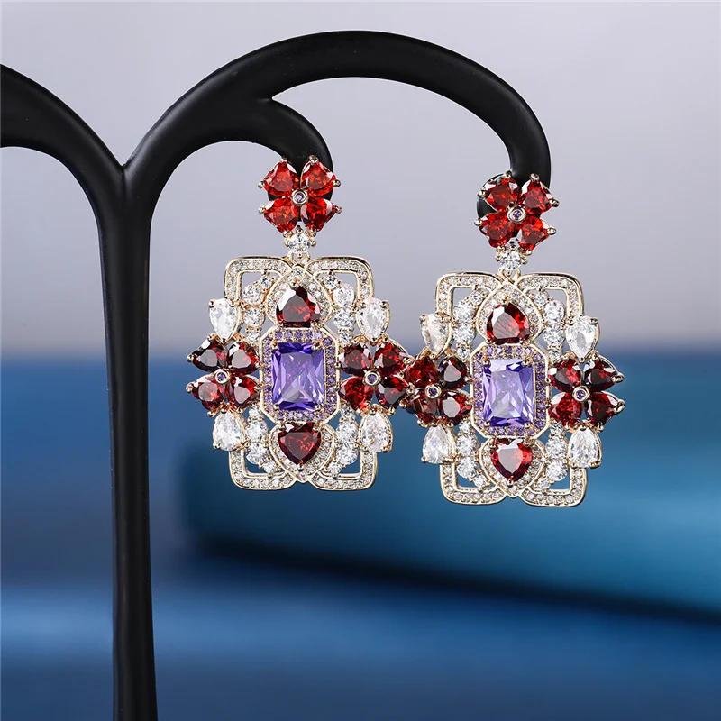 

EYER Luxury Temperament Big Drop Blue Stone Flower Earrings For Women Hyperbole Crystal jewelry Vintage Aretes Fine Jewelry