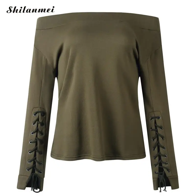 army green Осень, женские футболки с открытыми плечами, с длинным рукавом, на шнуровке, бандажные топы, модные женские уличные топы, Осенние футболки с вырезом лодочкой - Цвет: army green