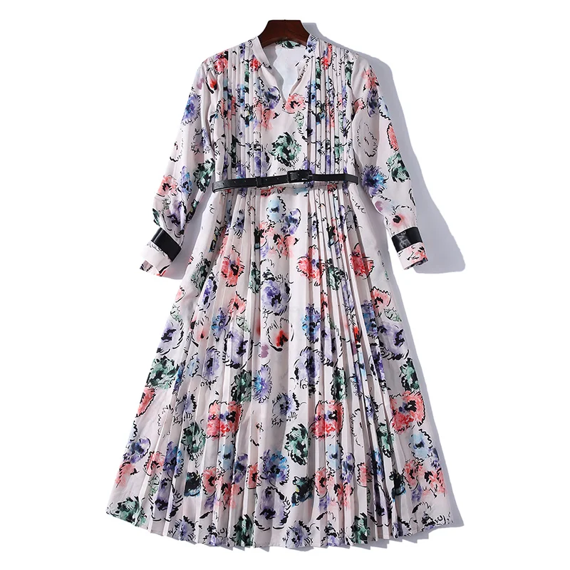 

2019 New Elegant Temperament Long-sleeved Pleated Print Dress Slim Slimming Large A-line Dress Fashion Small Floral Dress
