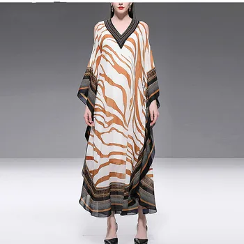 

Designer Summer Batwing Sleeve Plus Size Holiday Maxi Dress Women's Fashion Ripple Print V Neck Loose Maxi Dresses