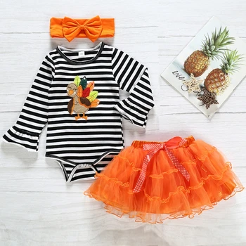 

Baby Sets Three Piece Girl Stripe Long Sleeve Romper Mesh Bow Skirt HairStrap Baby Girls Thanksgiving sets Autumn