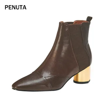 

2019 PENUTA Brown Stretch Boots Women Genuine Leather Ankle Boots Elastic Short Boots High Heel Fashion Shoes Newest PD962