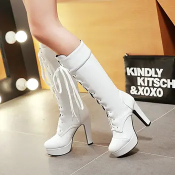 

PU Leather Fashion Women Mid Calf Boots Platform Square High Heel Women Boots Lace Up Winter Ladies Shoes Black White Beige
