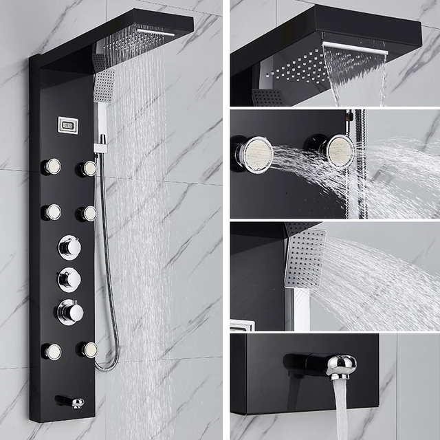 Panel de ducha termostático negro, columna de ducha de hidromasaje, cascada  de lluvia, sistema de torre de ducha, grifo de ducha termostático -  AliExpress