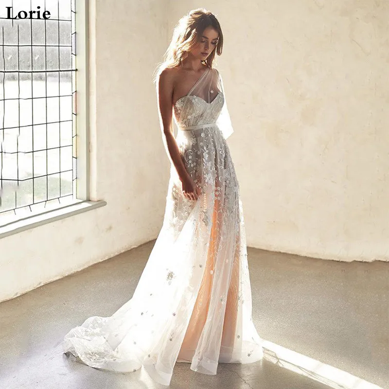 LORIE 2019 Beach Wedding Dresses A Line One Shoulder sexy Lace 3D Flowers Wedding Gowns Vestidos De Novia Boho Bride Dresses