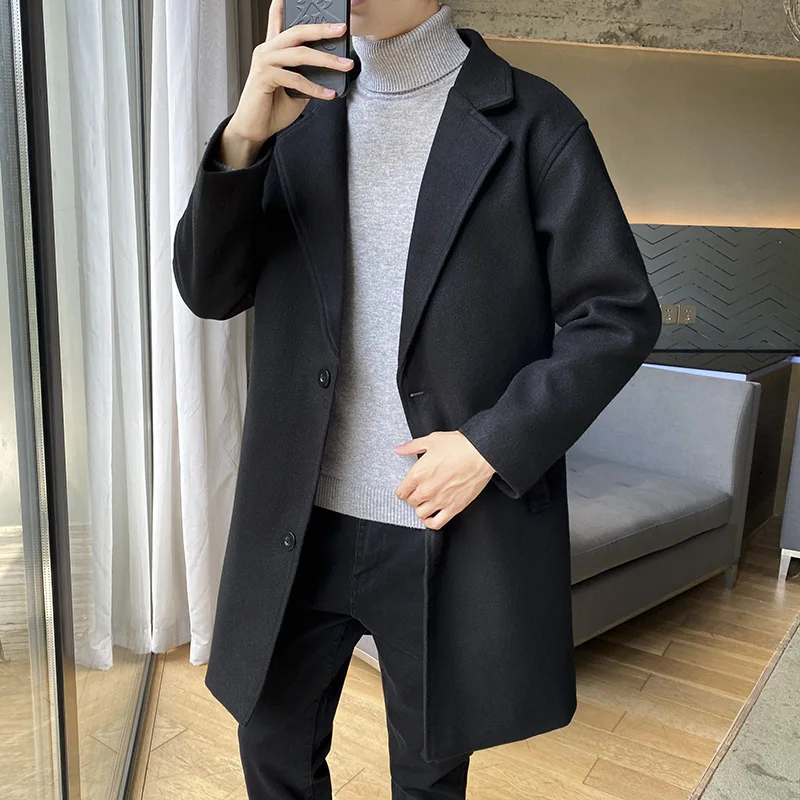 British Style Winter Men's Woolen Windbreaker Coat New Solid Color Single Breasted Trench Slim Fit Business Casual Wool Jacket