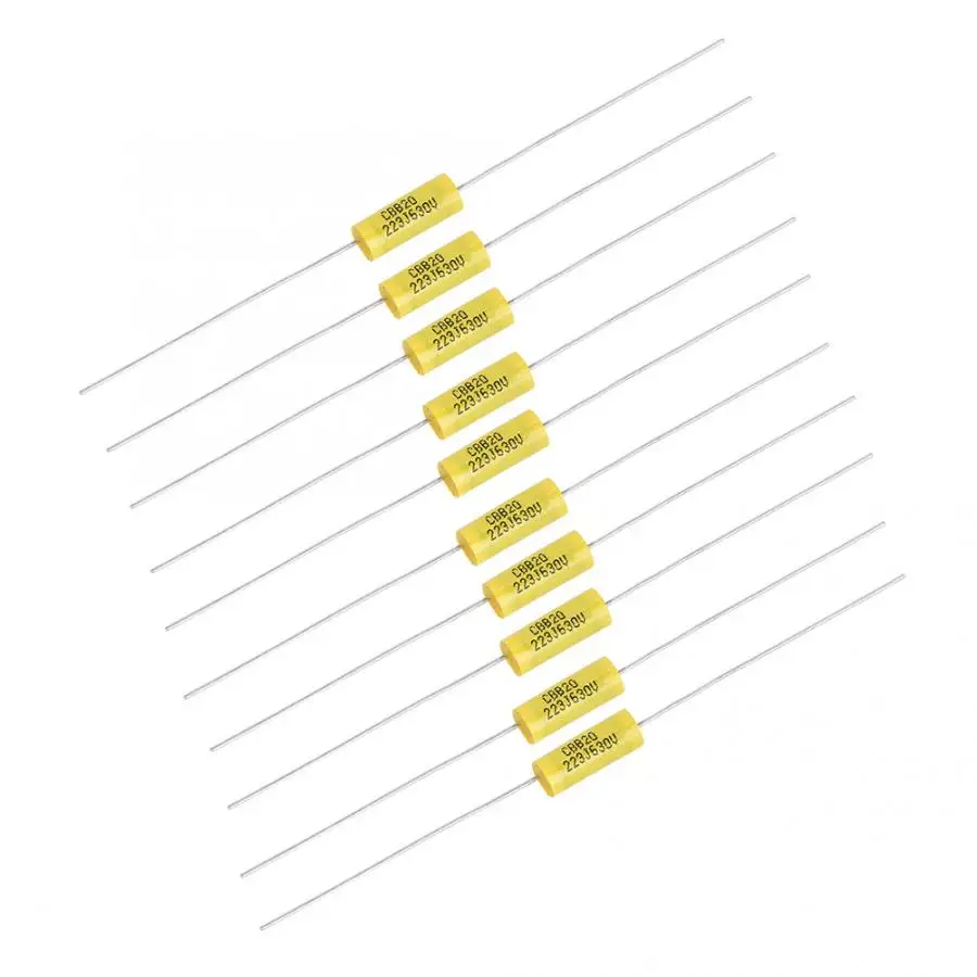 Осевой полиэфирный пленочный конденсатор 10 шт. осевой полиэфирный пленочный конденсатор с длинным свинцом 0,022 мкФ 630 в для радиоусилитель