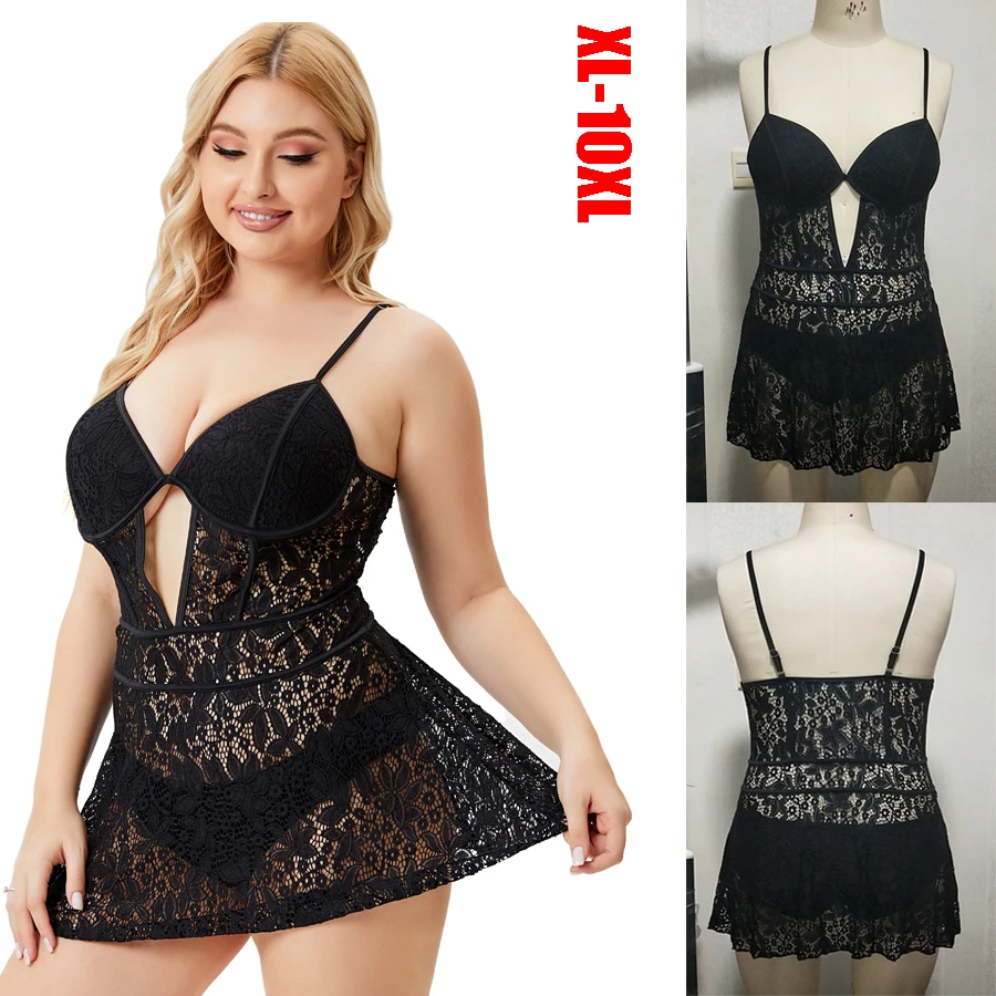 

2023 New Plus Size XL-10XL Swimwear Women Black Lace Tankini Tummy Swimwear Retro Solid Swimsuit Two Piece Bathing Suit