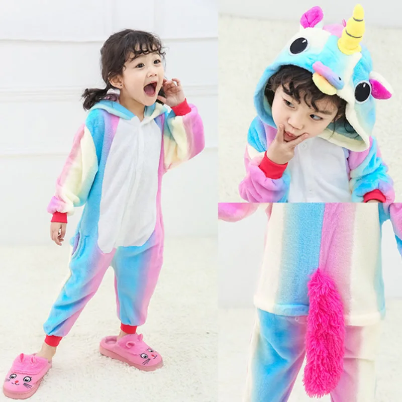Зимний детский пижамный комплект с единорогом и капюшоном; пижамы с единорогом; Детские пижамы для мальчиков и девочек; одежда для сна; комбинезоны