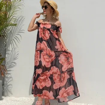 

Off Shoulder Beach Dress Summer Women Slash Neck Floral Print Ruffles Chiffon Boho Dress Maxi Long Tunic Casual Holiday Dresses
