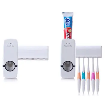 

New Automatic Toothpaste Dispenser+5 Toothbrush Holder Set Bathroom Storage Holder Wall Mount Stand Automatic Squeeze Toothpaste