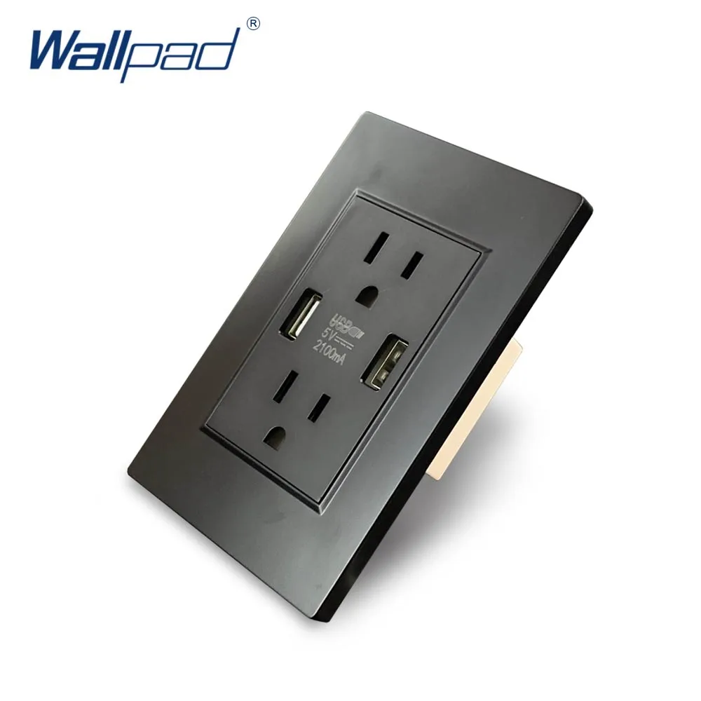 US Socket With 2 Usb Socket Port Charger 5V 2100mA Black Wallpad Luxury Wall Double USB Electric Power Outlet PC Panel