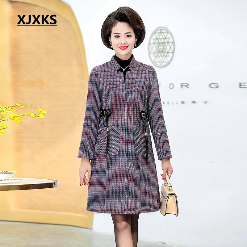 XJXKS изысканное модное клетчатое Женское шерстяное пальто с отворотом зима новое удобное теплое кашемировое длинный женский кардиган пальто - Цвет: Фиолетовый