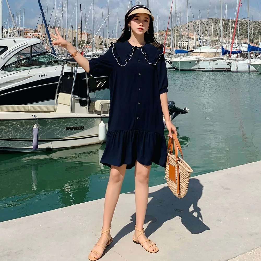 

Photo Shoot 2019 Summer New Style Korean-style Fashionable WOMEN'S Dress Mid-length Retro French Non-mainstream Peter Pan Collar