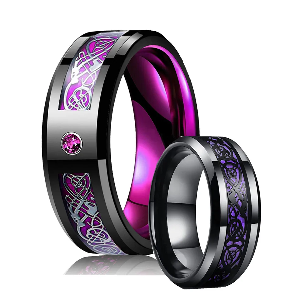 Classic Mens Black Tungsteno Celtic Dragon Ring Intarsio Viola Zircone In Acciaio Inossidabile Viola Anello In Fibra Di Carbonio Per Fede Nuziale Da U