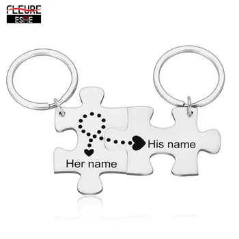 

2PCS Couples Customized Puzzle Keychains Engraved Date and Two Initials Love Gifts for Husband Wife Boyfriend Girlfriend