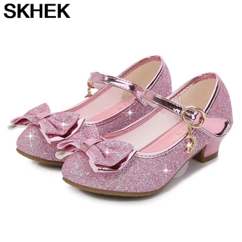 

SKHEK Princess Kids Leather Shoes For Girls Flower Casual Glitter Children High Heel Girls Shoes Butterfly Knot Blue Pink Silver
