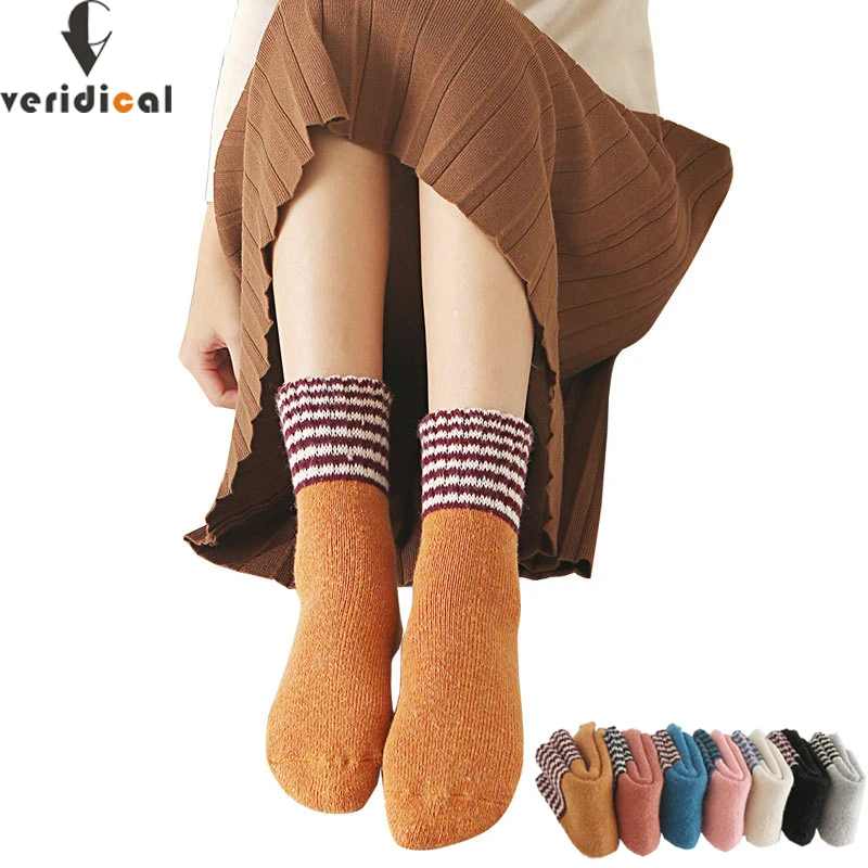 VERIDICAL, женские короткие носки, шерсть мериноса, теплые носки, зимние толстые, harajuku, махровые носки в полоску, 5 пар/лот, calcetines