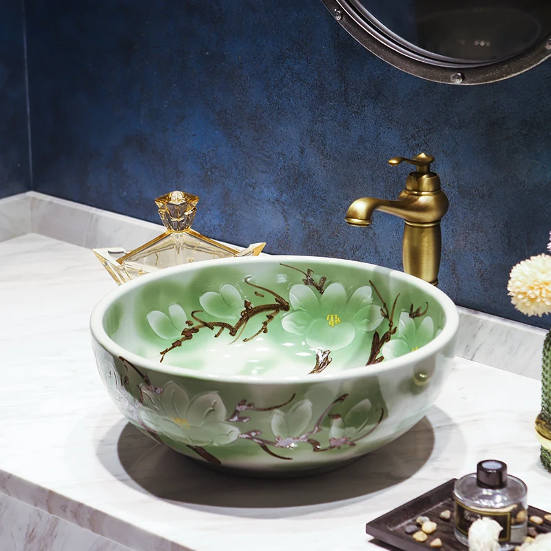 

Green porcelain bathroom vanity bathroom sink bowl countertop round Ceramic wash basin bathroom sink