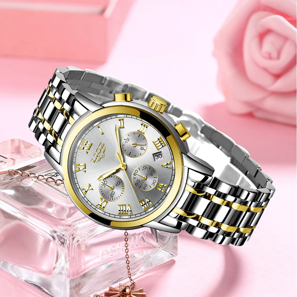 2023 LIGE Fashion Women Watches Ladies Top Brand luxury Waterproof Gold Quartz Watch Women Stainless Steel Date Wear Gift Clock