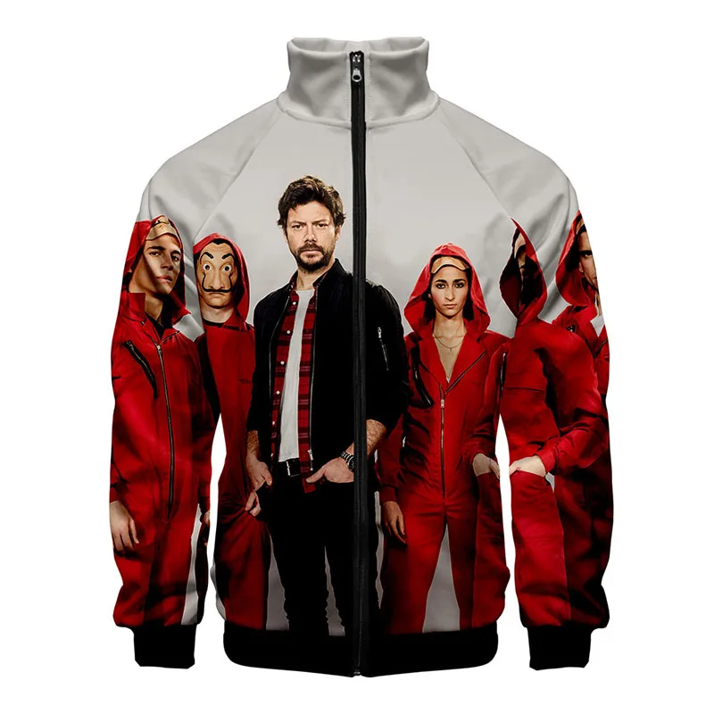 Цена font b Money b font Heist The House of Papel 3d Толстовка с воротником стойкой для мужчин и женщин толстовки на молнии куртки Homme 3D толстовки Топ
