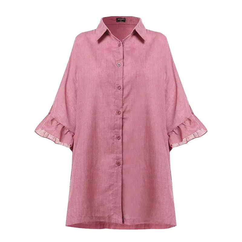 VONDA, Женская Повседневная Свободная блузка с лацканами, на пуговицах, с рукавом до локтя, с рюшами, сексуальные офисные женские рубашки, туника размера плюс, топы 5XL