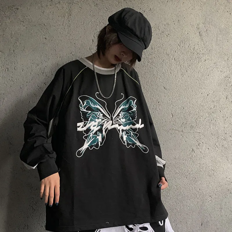 Уличная Harajuku негабаритная Бабочка печать унисекс пара Лоскутная Толстовка