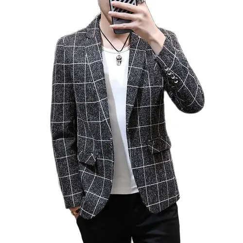 남성용 체크 무늬 정장 재킷, 비즈니스 캐주얼 블레이저, 슬림 코트, 오프 화이트, 봄 및 가을, 신상 4