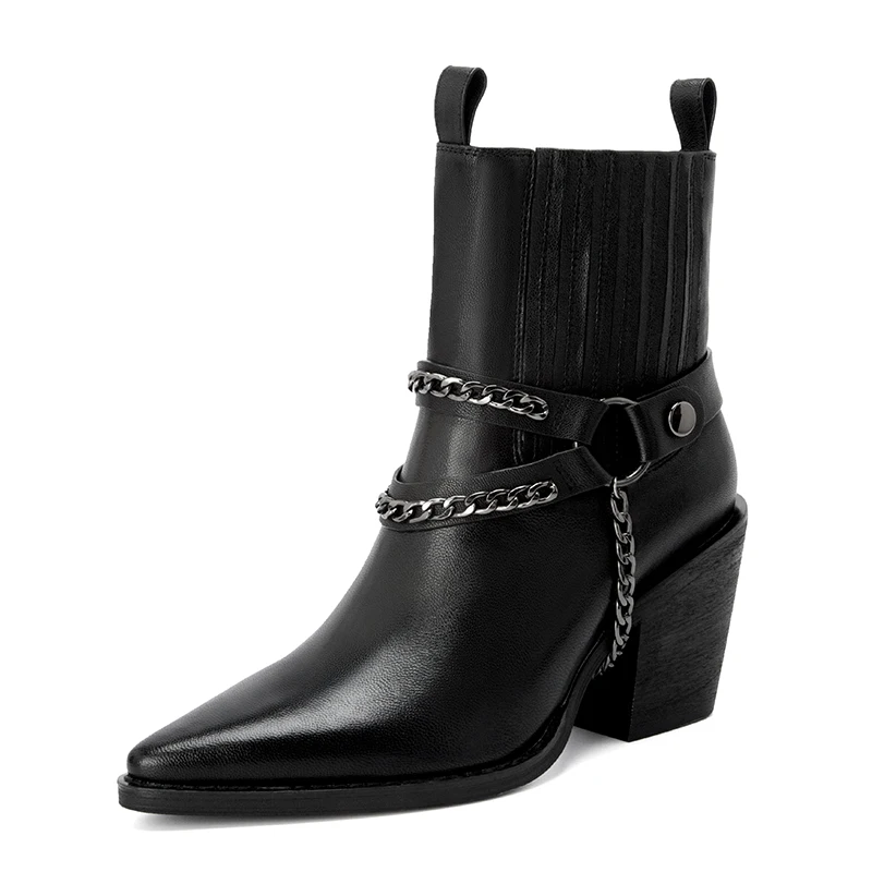 Г. Зимняя новая стильная обувь женские ковбойские ботинки из натуральной кожи с цепочкой женские ботильоны на массивном каблуке с вышивкой и острым носком
