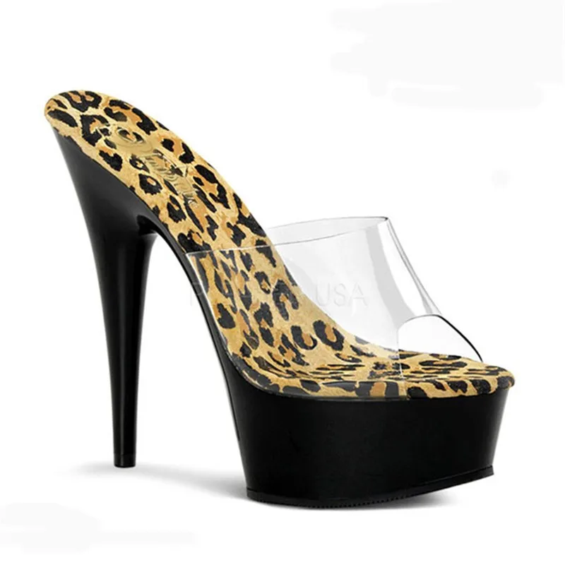 

Black fashion leopard print like vamp, 15cm high heels, 6in sexy heels for women, slippers