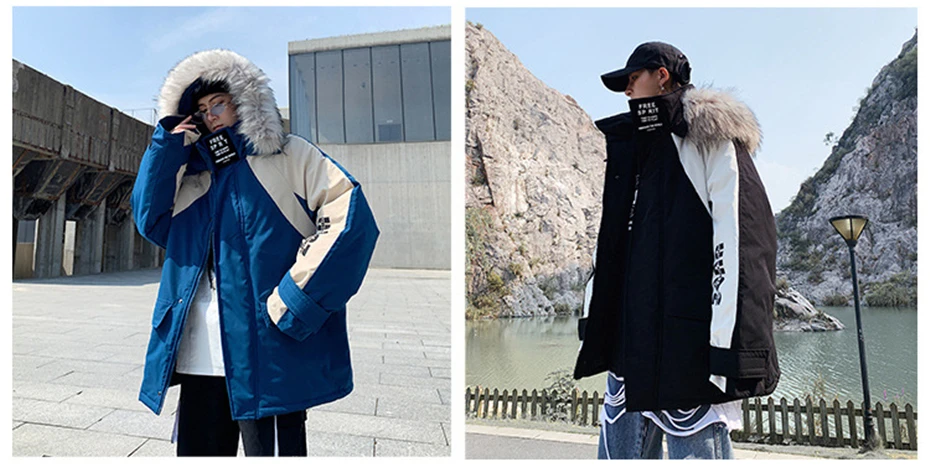 US Size Winter Parkas Men Streetwear Fur Collar Patchwork Thick Cargo Coats Windbreaker Loose Hoody Jackets Male DG458