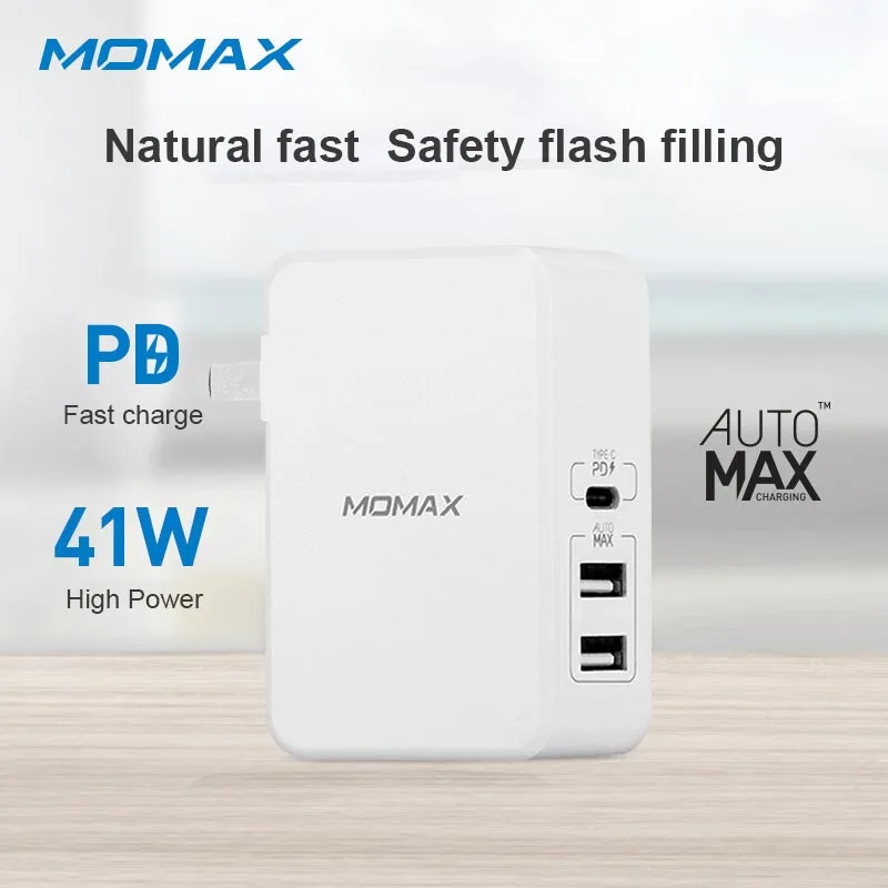 

Momax UM7 PD fast charger 41W fast charger AutoMax technology Built-in safety core Folding plug Multiple safety certification