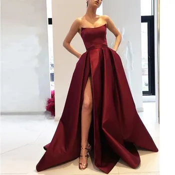 

Elegant A Line Strapless High Slit Satin Burgundy Prom Dresses Long Navy Blue Evening Gown with Pockets Formal Dress