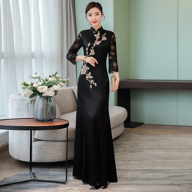 Улучшенное женское длинное платье cheongsam в китайском стиле, Восточное кружевное платье с вышивкой, воротник-стойка, женское платье aodai