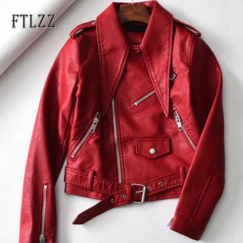 

2019 Fashion faux leather jacket new spring autumn with belt turndown collar short outerwear new ladies red leather coat