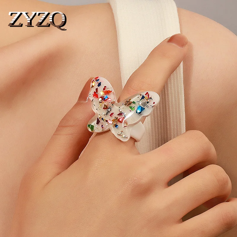 ZYZQ Shiny Elegant Colorful Sequins Butterfly Ring for Women Simple Style Candy Color Transparent Rings Jewelry Accessories 2021