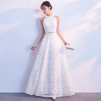 

New White Halter Evening Party Dress Sexy Women A-Line Formal Dress Elegant Sleeveless Mesh Full Length Vestidos De Festa