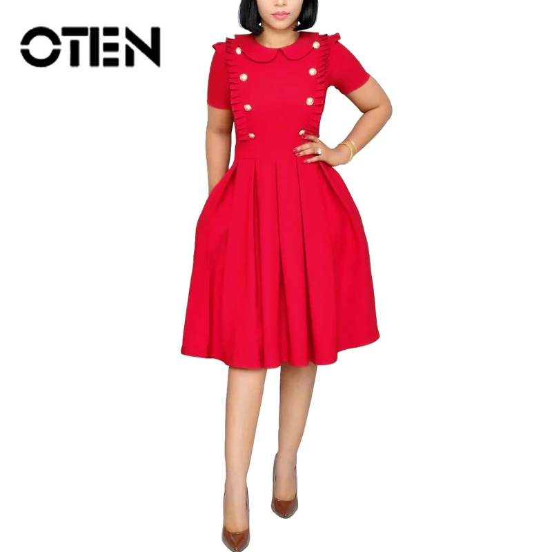 OTEN Pin up винтажное осеннее женское платье года, офисное платье с рюшами и короткими рукавами, плиссированное, на кнопках, тонкие, однотонные, вечерние, элегантные, женские