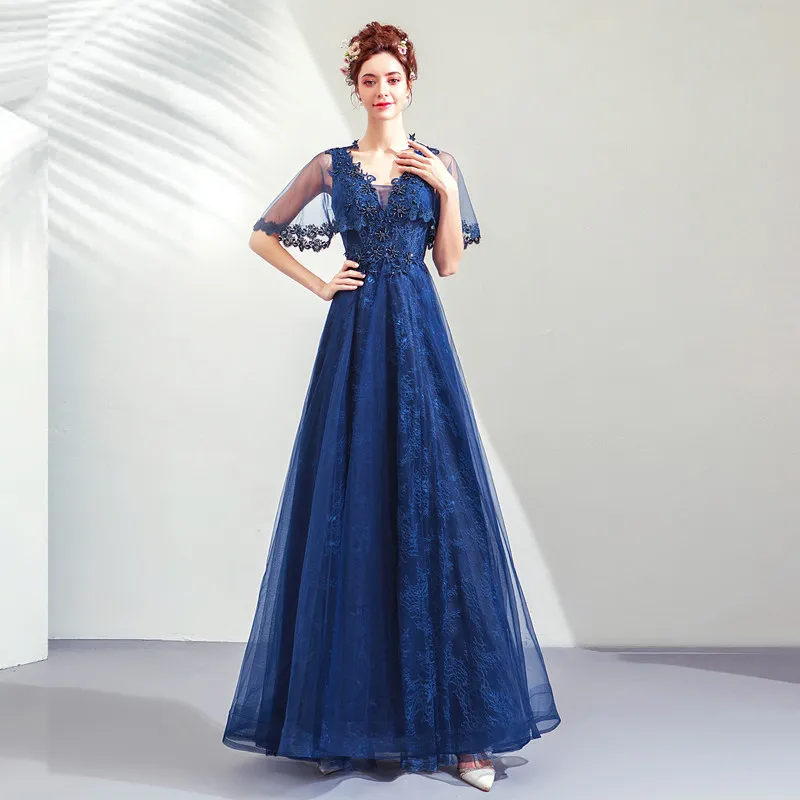 

Prom Dresses Women Long 2020 Elegant Appliques Lace Chic V-Neck Lace-Up Customized Maxi Floor-Length Blue Prom Party Dress